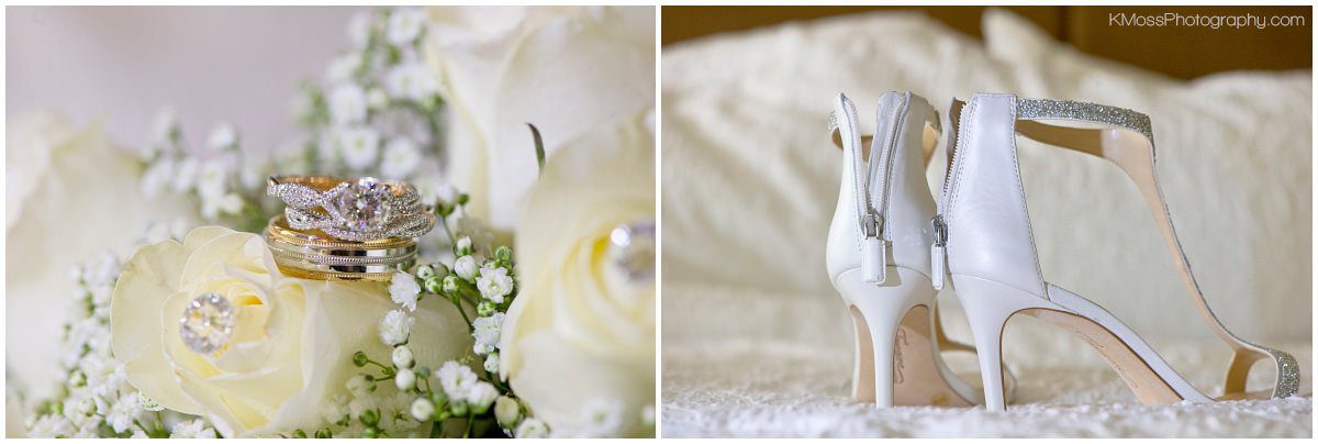 White Rose Wedding Bouquet and Gold Wedding Rings | K. Moss Photography